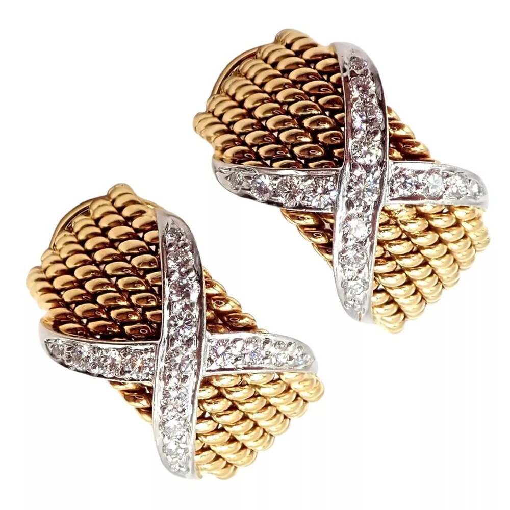 Tiffany & Co Schlumberger 18k Yellow Gold Platinum Diamond 6 Row Rope X Earrings